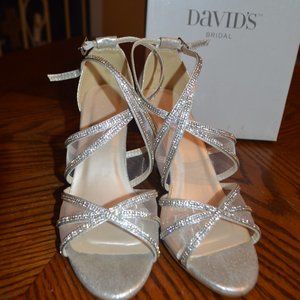 David's Bridal Harlie Silver Strappy Wedge with Mesh Panels, Never Worn, 8